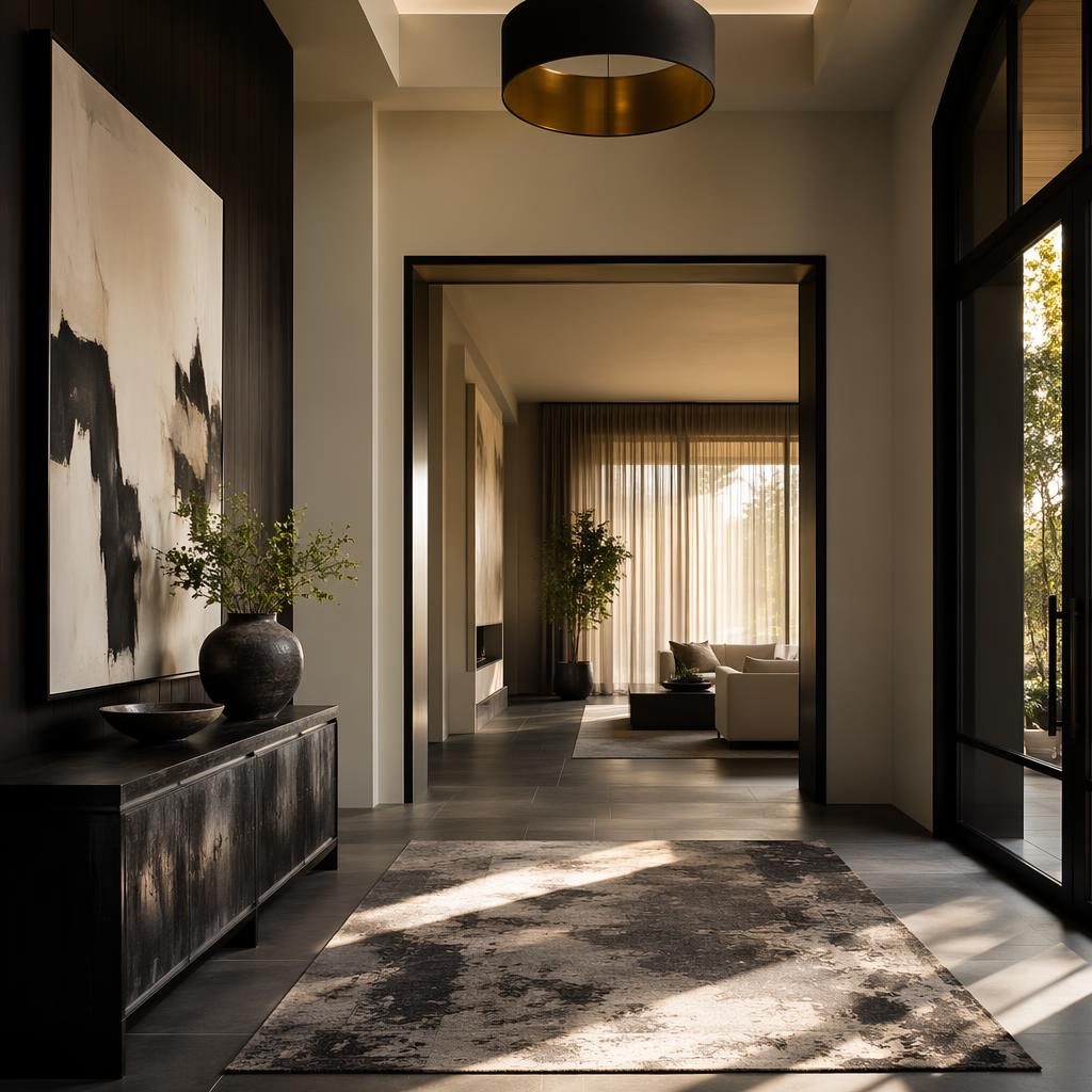 Luxury contemporary interior with black and white palette, warm golden hour light, natural materials, plants, art and textiles.