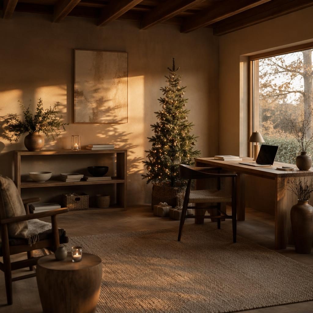 Salle de bain scandinave wabi-sabi aux tons neutres chauds, lumière dorée, bois naturel, plantes, textiles et décoration de noêl.