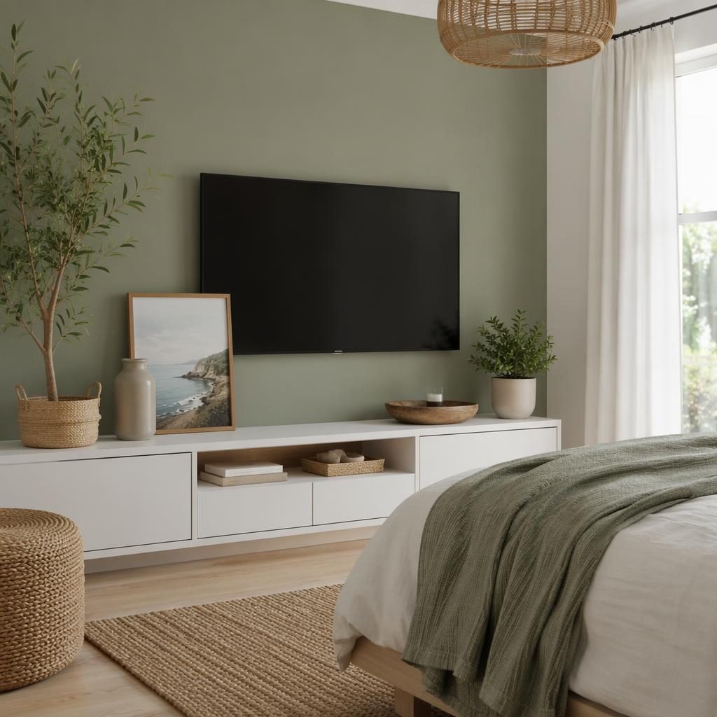 Dormitorio escandinavo con vestidor abierto, paleta salvia y crema, luz natural, textiles, plantas y muebles claros.