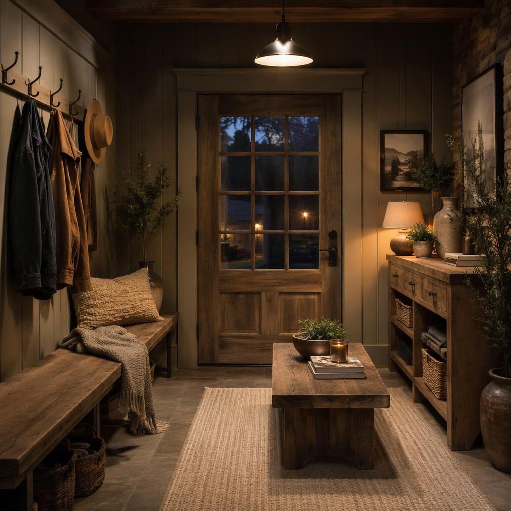 Farmhouse-Mudroom als fotorealistisches Interior mit warmen Neutraltönen, Naturmaterialien, Pflanzen, Textilien und Abendlicht