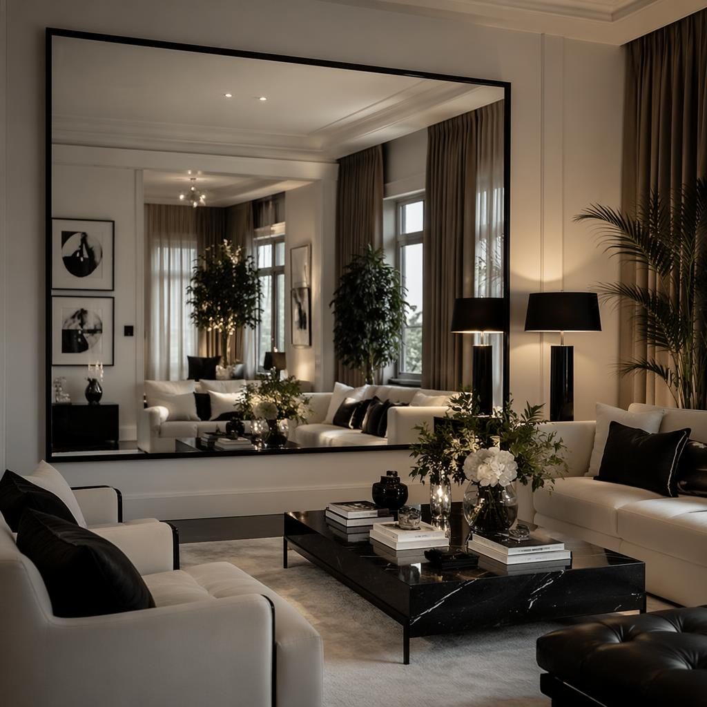 Modern teen bedroom interior render in black and white with warm evening light, plants, textiles, art, and a large mirror.