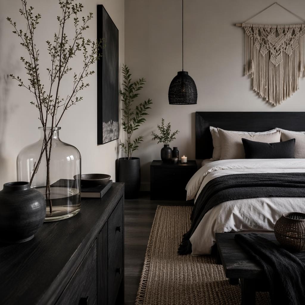 Dormitorio japandi boho en blanco y negro con macramé, plantas, textiles y jarrón de cristal en ambiente tenue