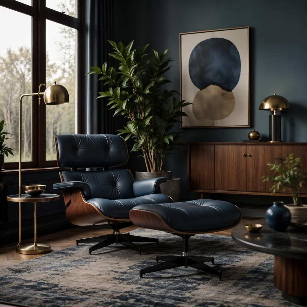 Mid-century living room reading nook with blue seating, brass accents, plants, art, textiles, and soft overcast light.