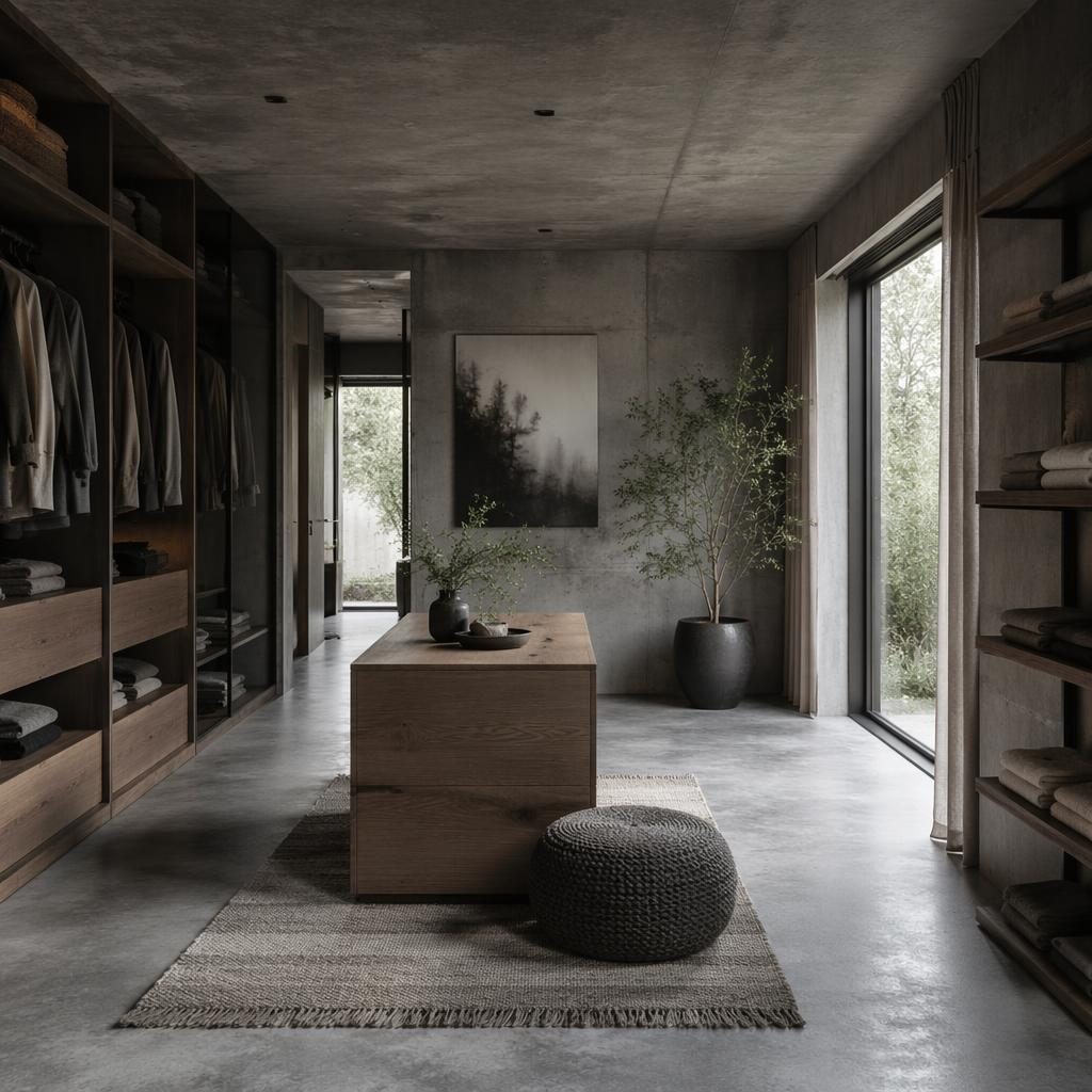 Realistic japandi walk-in closet with raw concrete walls, cool grey palette, soft daylight, wood storage, plants and textiles.