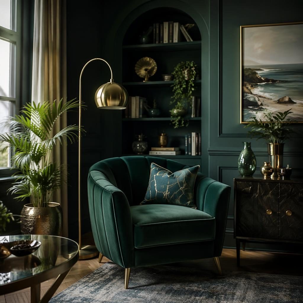 Küsteninspirierte Lesenische im Art-déco-Wohnzimmer mit Blau- und Messingtönen, Pflanzen, Textilien und Tageslicht