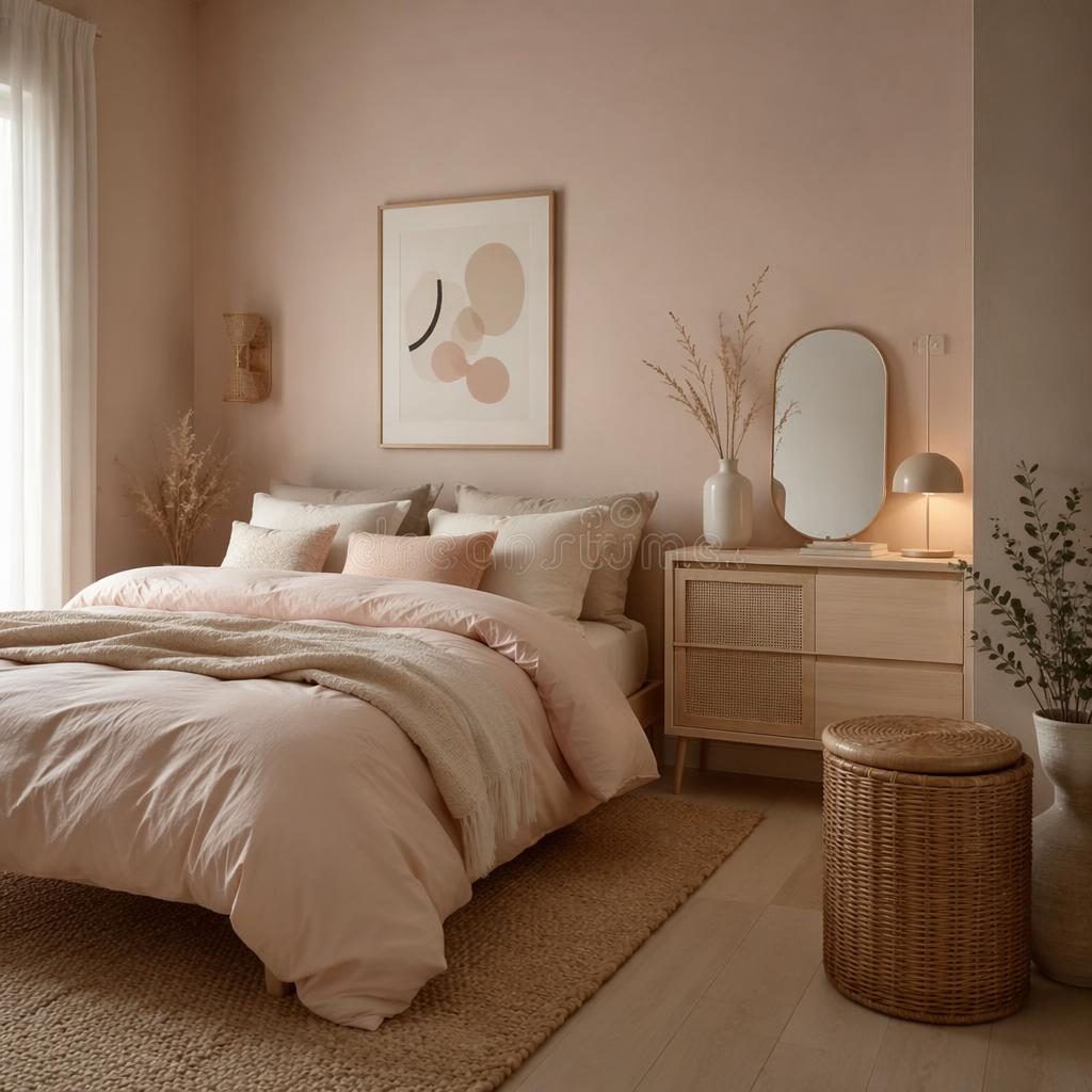 Chambre rose pastel et beige avec textiles doux, art mural, plantes et lumière chaude du soir, rendu photo réaliste