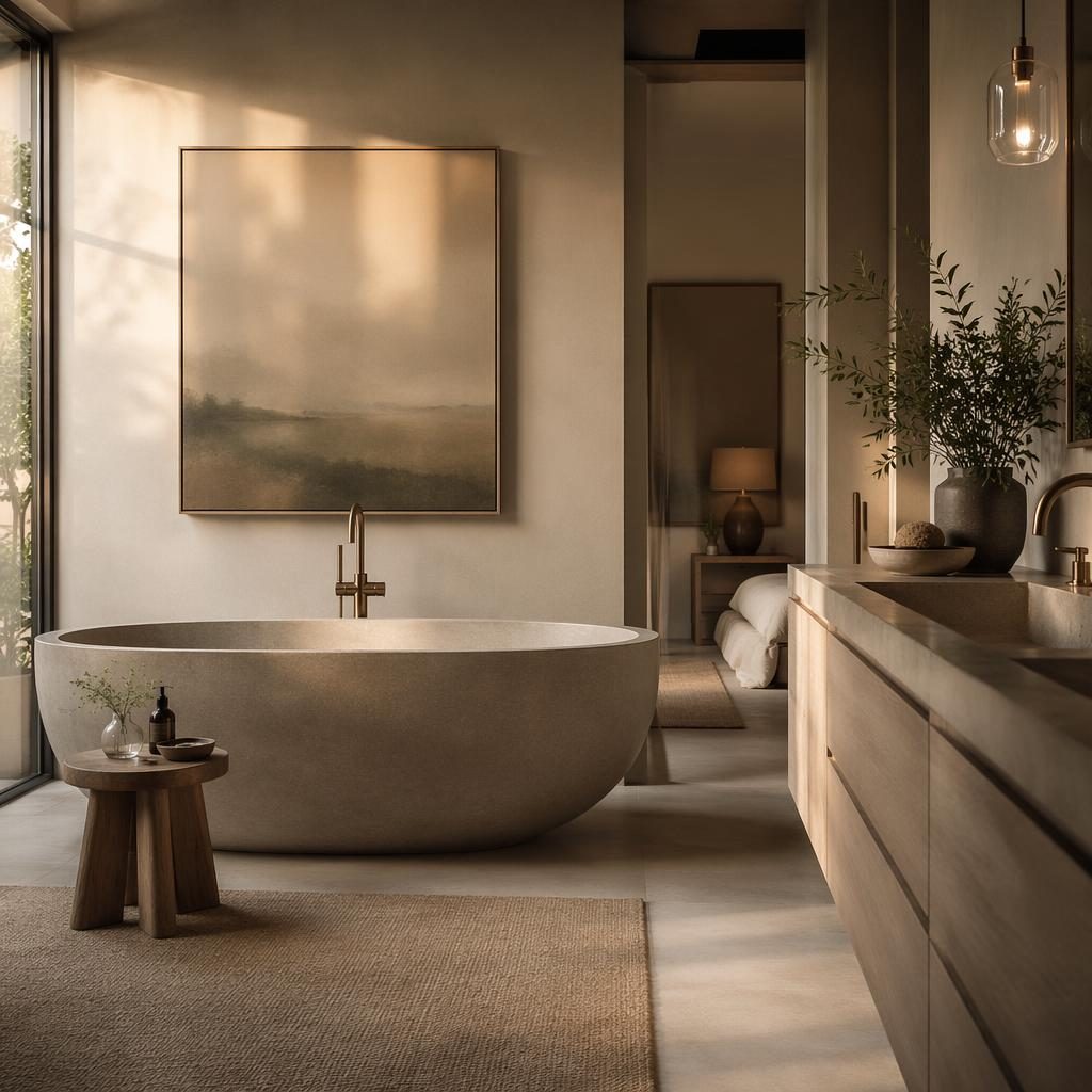 Luxury contemporary spa bathroom with sage and cream tones, natural materials, soft golden hour light, plants, art and textiles.
