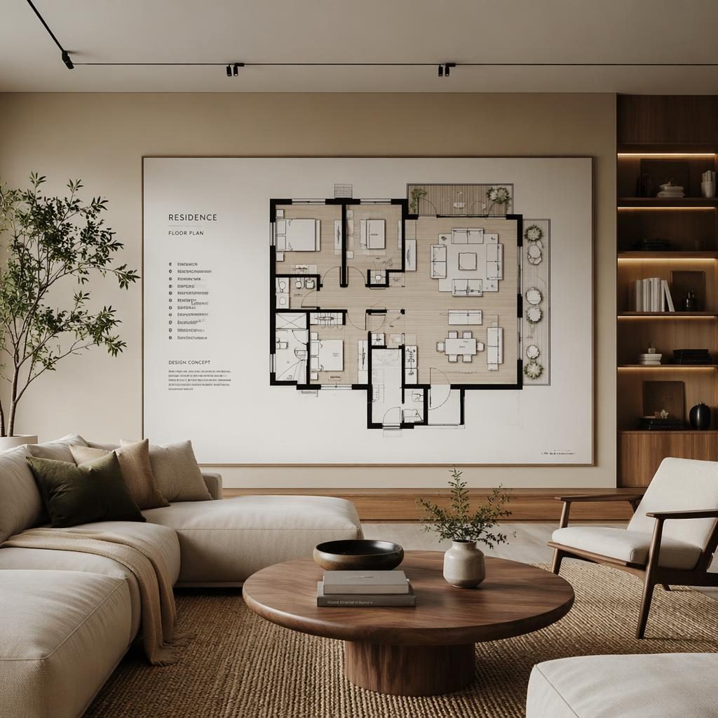 Photorealistic minimalist living room with warm neutral decor and a floor plan board showing furniture layout and circulation.