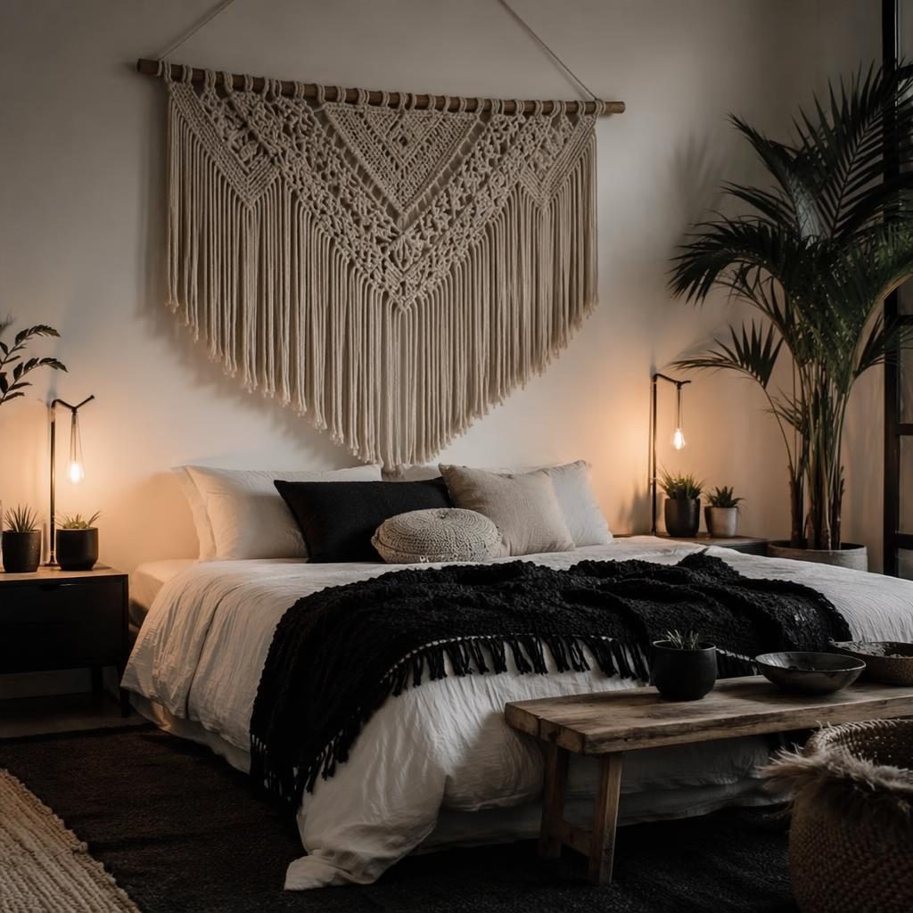 Scandinavian boho bedroom with black and white decor, macrame wall art, natural textiles, plants, and warm evening light