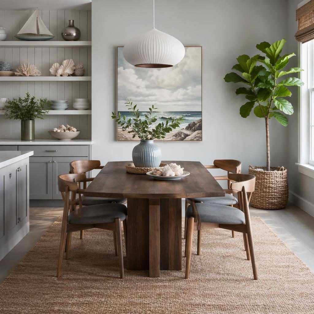 Coastal kitchen with open shelving, cool grey palette, natural materials, plants, art, and soft daylight in a realistic interior render.