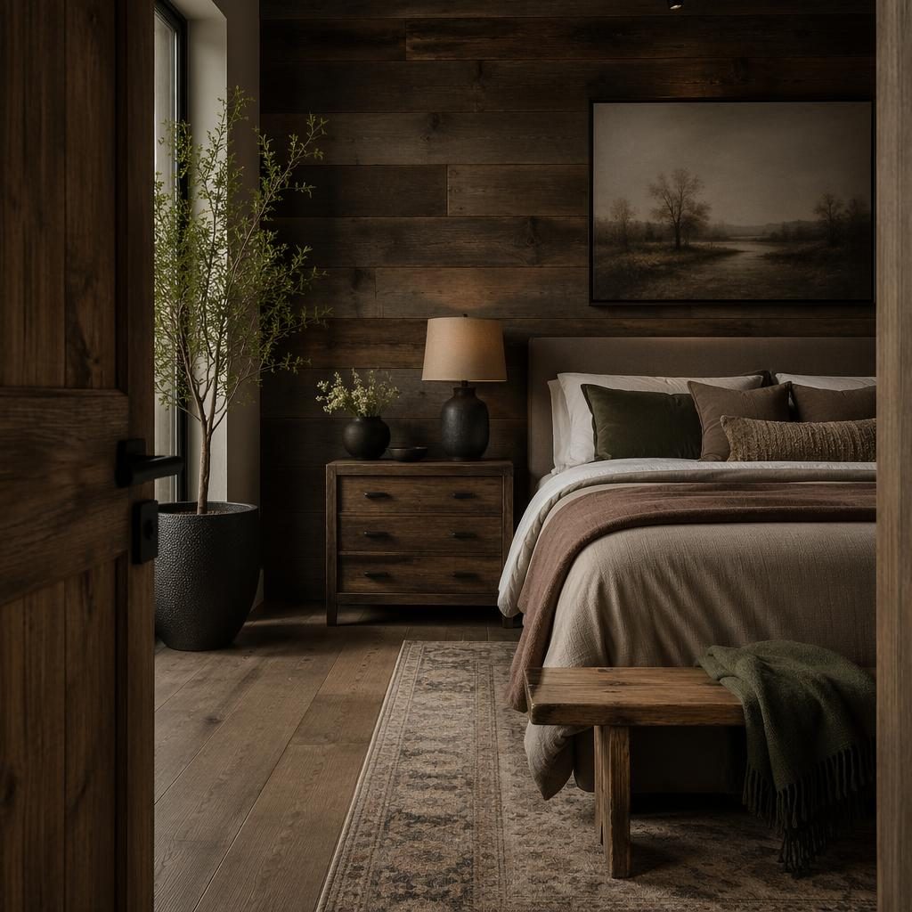 Moody farmhouse bedroom with reclaimed wood, earth-tone textiles, plants, wall art, and a curated natural-material layout.