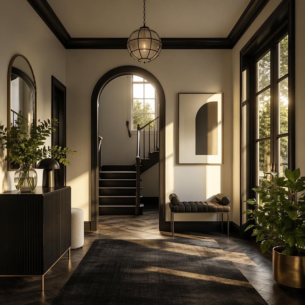 Scandinavian entryway render in black and white with golden hour light, natural materials, plants, textiles and art.
