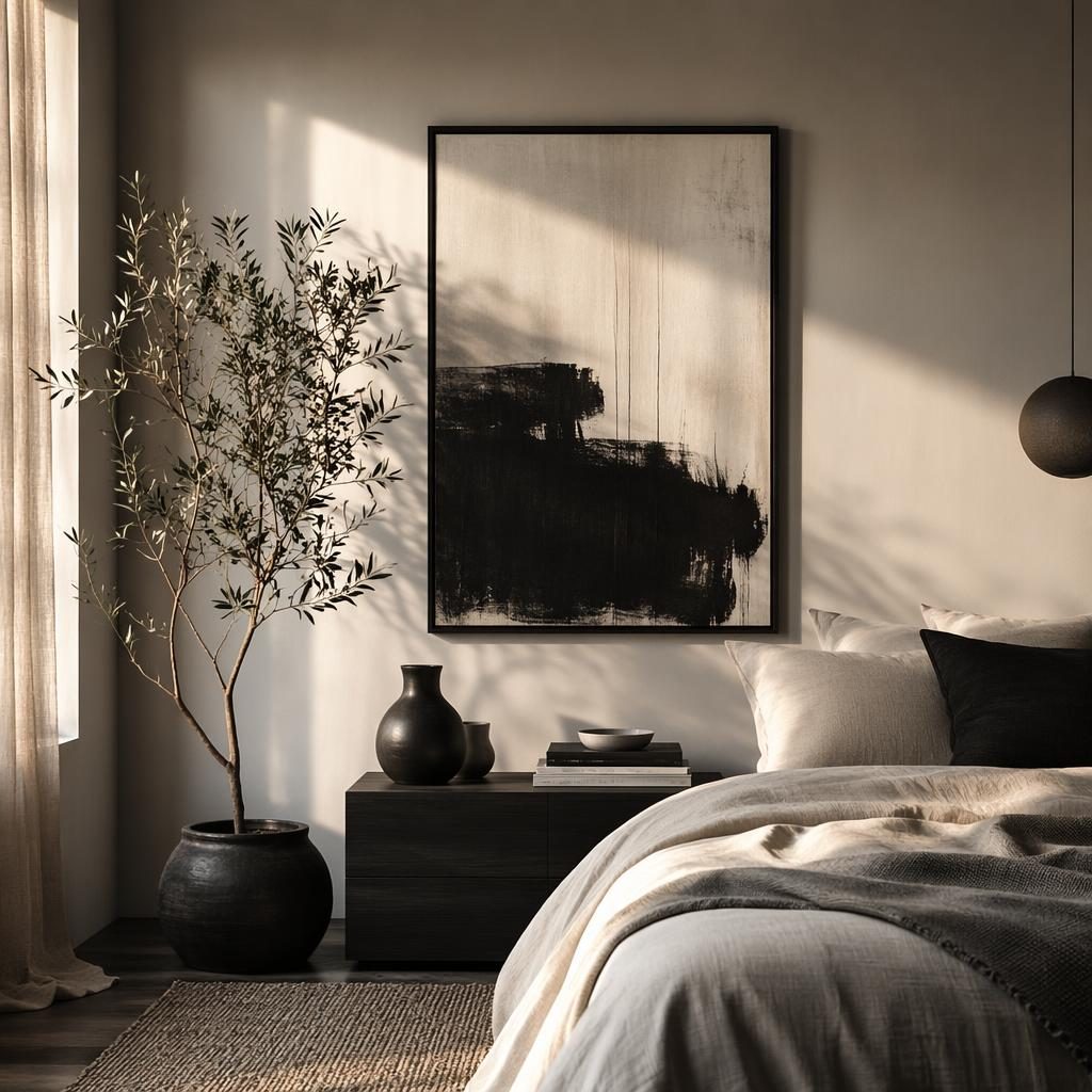 Scandinavian home gym interior in black and white with natural materials, plants, textiles, and framed wall art at golden hour.