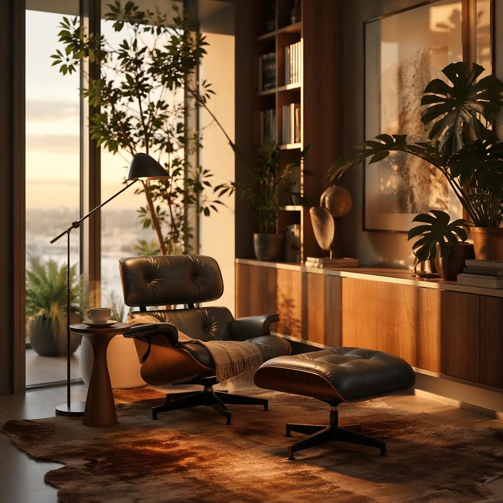 Rincón de lectura en penthouse contemporáneo, tonos tierra, luz dorada, materiales naturales, plantas y textiles.