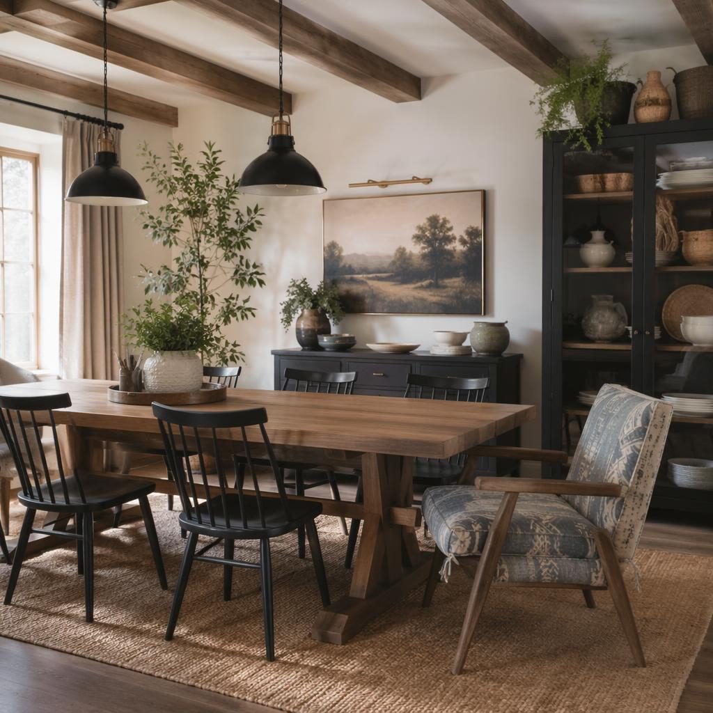 Industrial walk-in closet with blue and brass accents, open beams, plants, textiles, and a diy accent chair