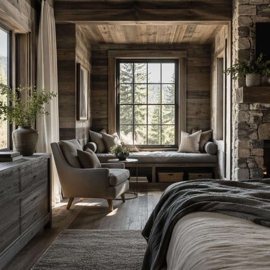 Farmhouse bedroom reading nook with reclaimed wood, cool grey tones, soft daylight, plants, art, and layered textiles.
