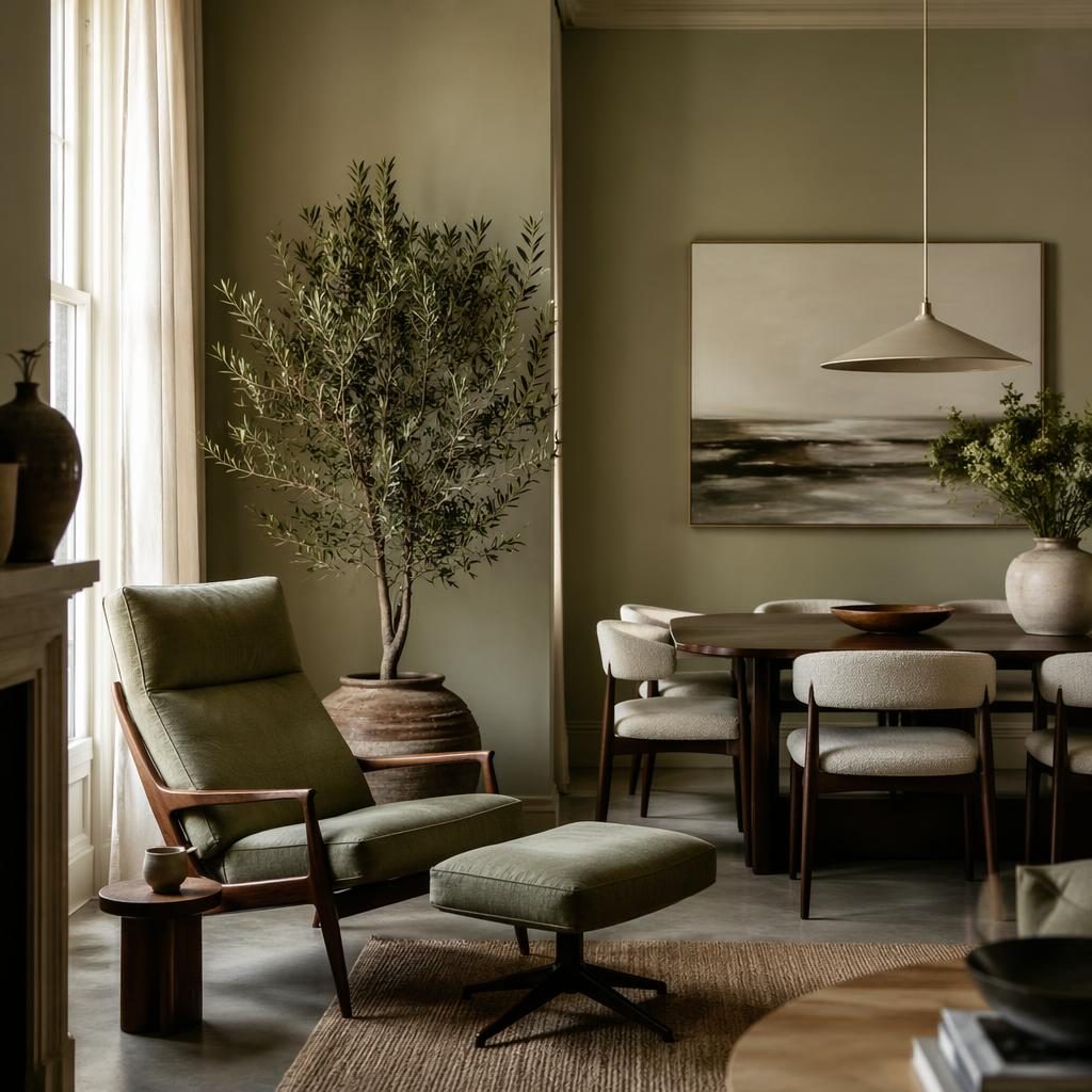 Küsteninspirierter Mid-Century-Lesesalon in Salbei und Creme mit Naturmaterialien, Pflanzen, Kunst und Textilien