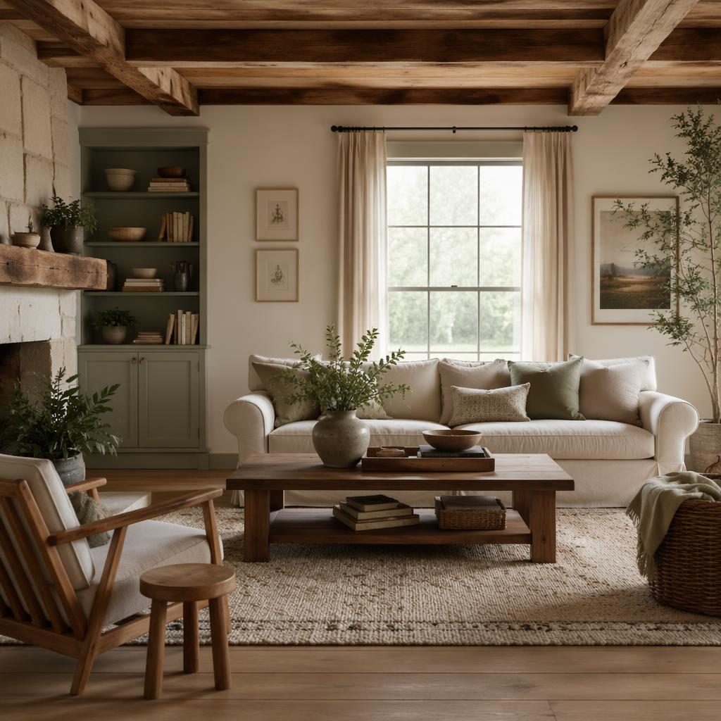 Scandinavian home office in a mid-century entryway with sage and cream tones, wood furniture, plants, art, and textiles.