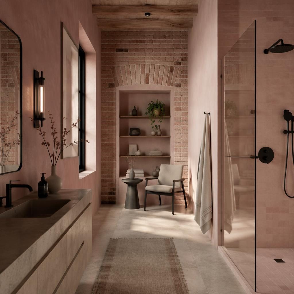 Render interior realista de pasillo minimalista con tonos rosa pastel y beige, materiales naturales y grifería negra.