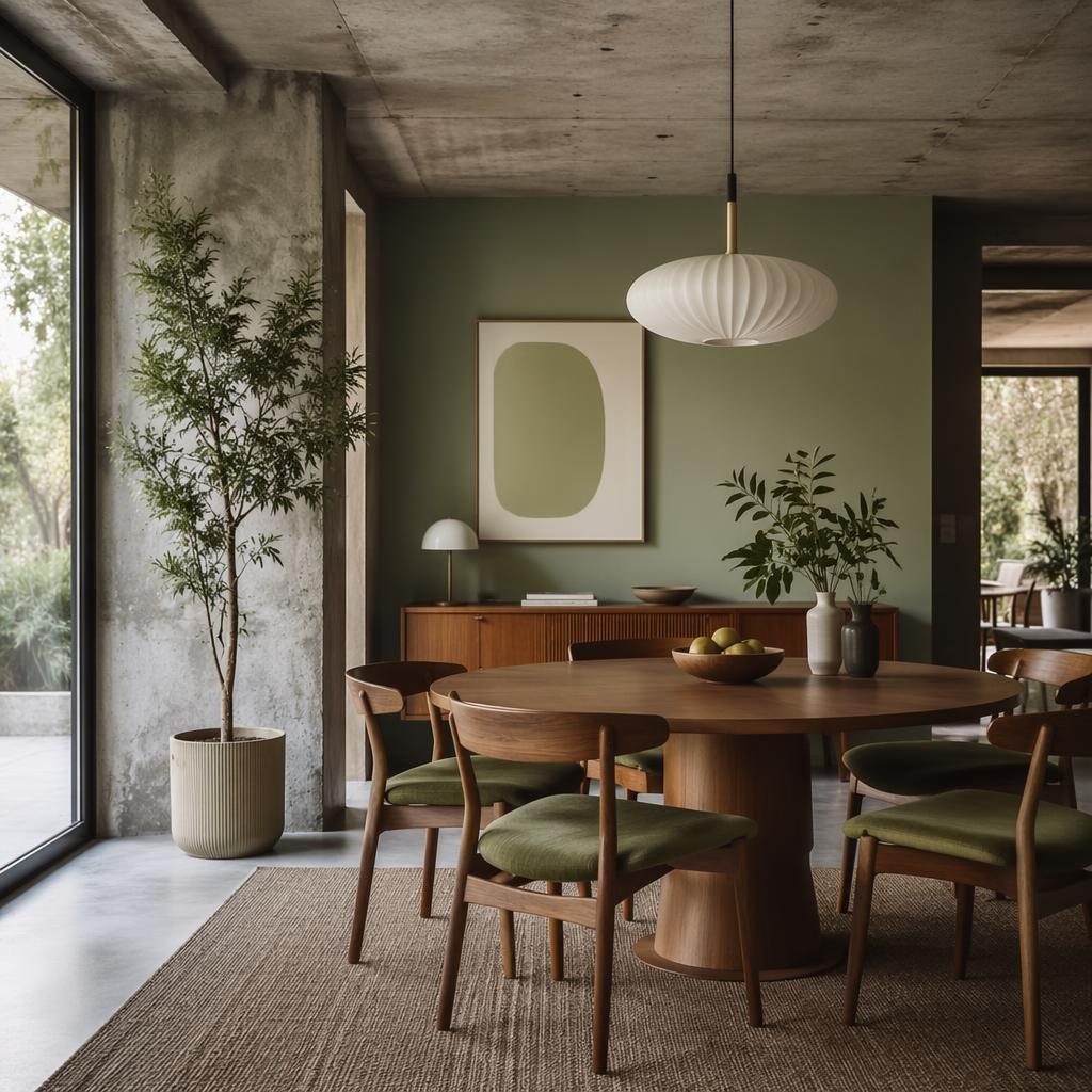 Industrial bathroom with raw concrete walls, sage and cream accents, wood vanity, plants, art, and soft daylight
