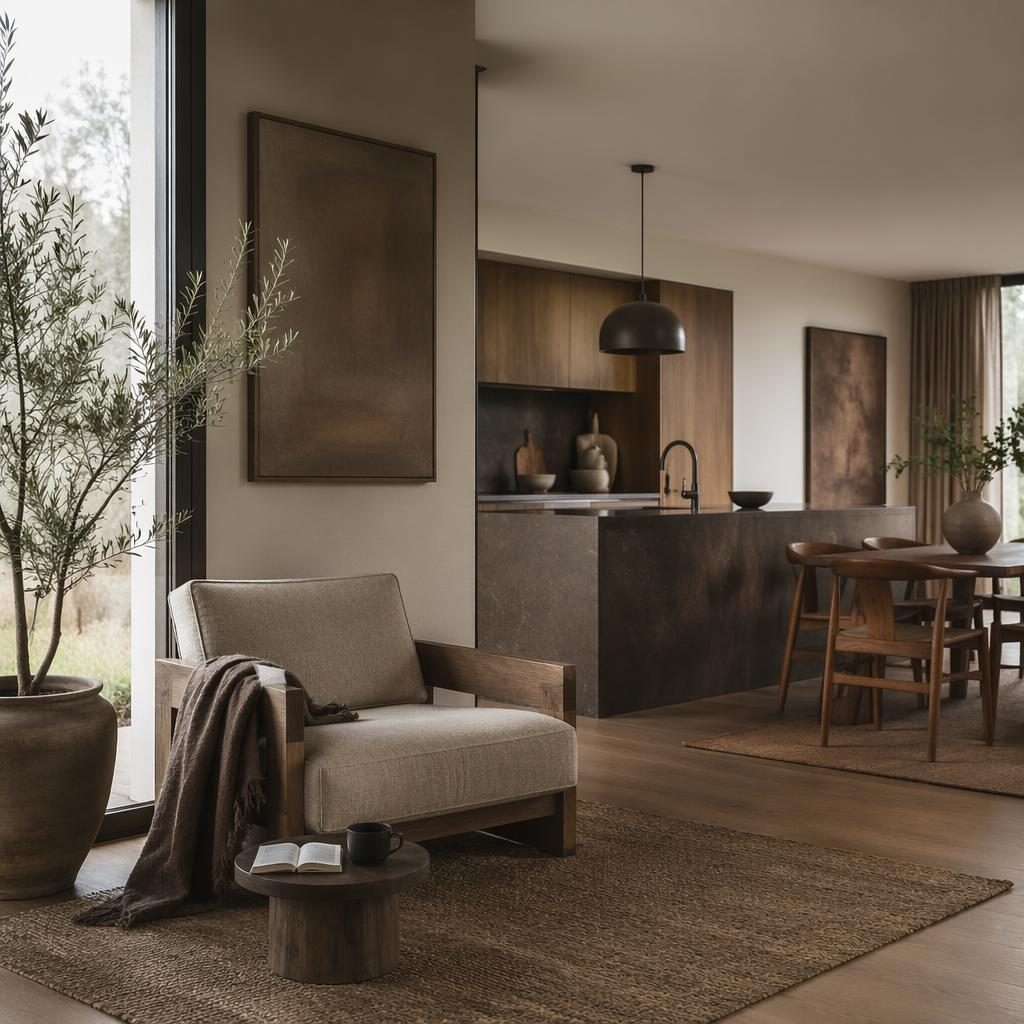 Offene Küche mit Wohnzimmer und Wabi-Sabi-Leseecke, natürliche Materialien, Pflanzen, Kunst und weiches Licht