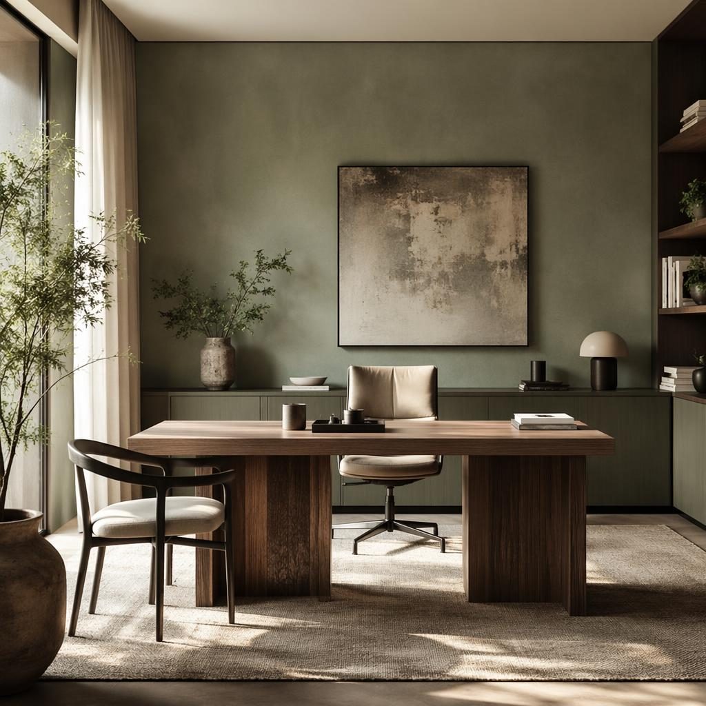 Intérieur style wabi-sabi en gris doux, mobilier épuré, matériaux naturels, plantes, art textile, ambiance tamisée