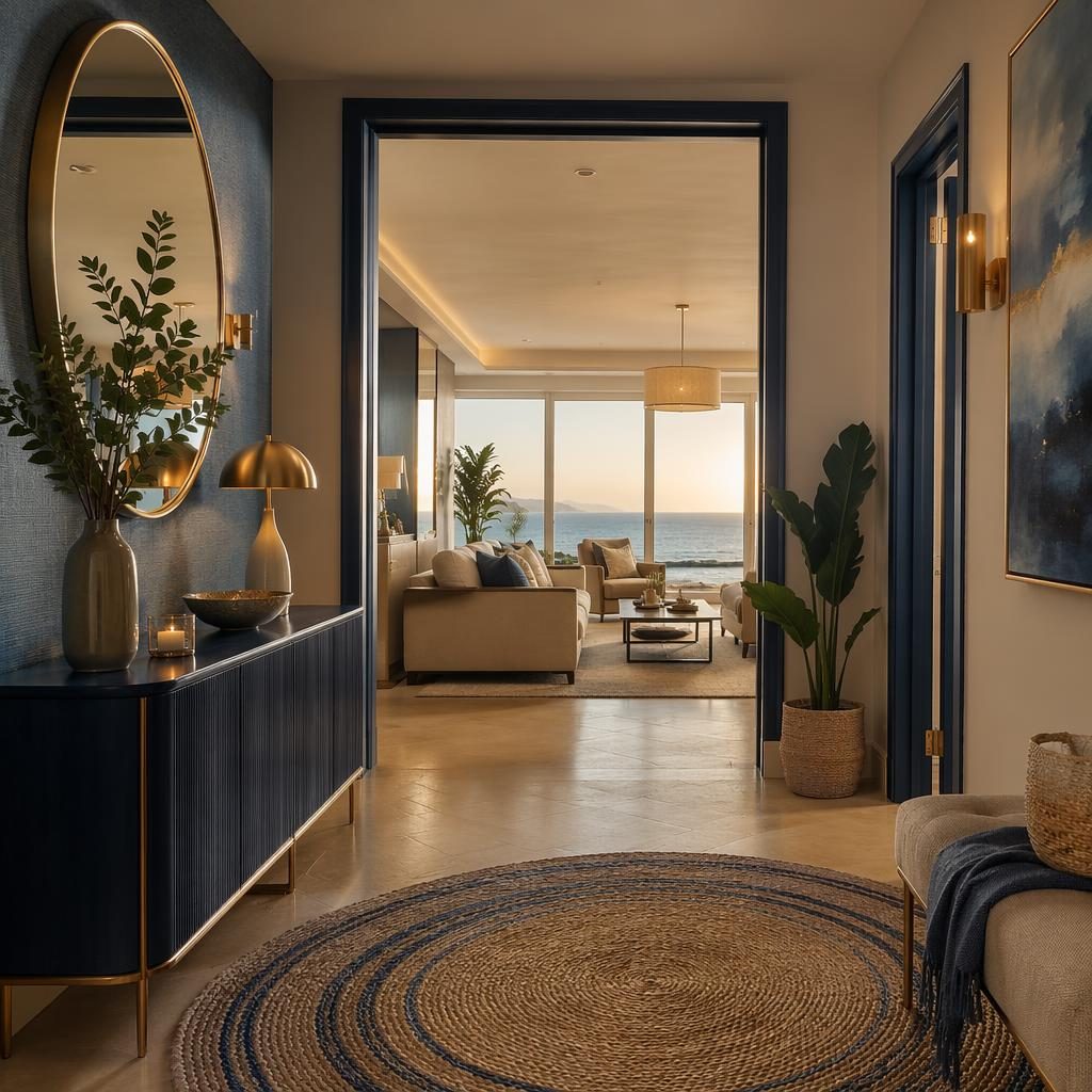 Luxuriöser Penthouse-Eingangsbereich an der Küste mit Blau-Messing-Palette, Naturmaterialien, Pflanzen und warmem Abendlicht.