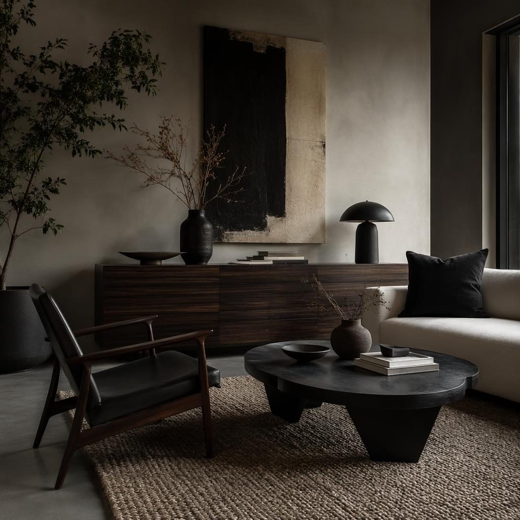Living mid century wabi-sabi en blanco y negro, con muebles de madera, plantas, arte textil y luz ambiental tenue.
