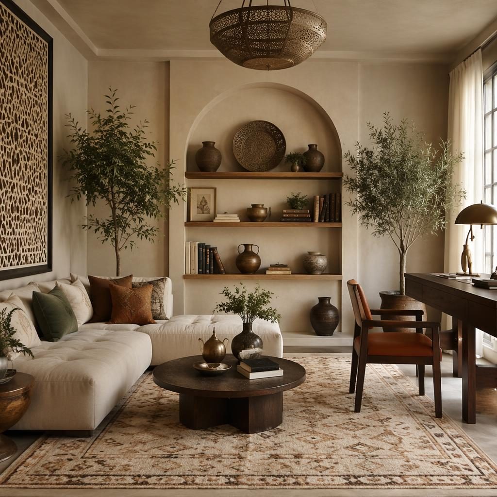 Interior de salón estilo arabe con rincón de oficina mid-century, tonos tierra, luz suave, plantas, arte y textiles.