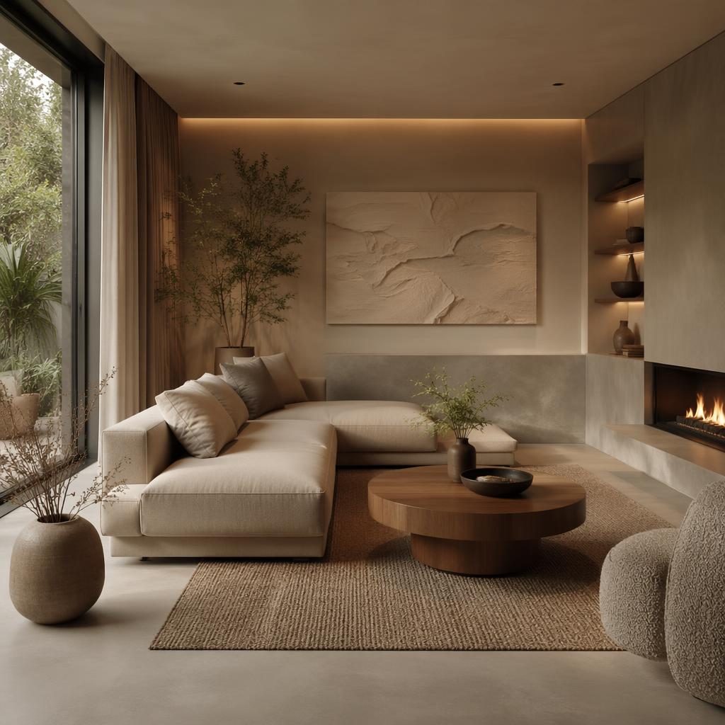 Luxuriöses, modernes Spa-Badezimmer in Erdtönen mit Naturmaterialien, Pflanzen, Kunst, Textilien und weichem Licht