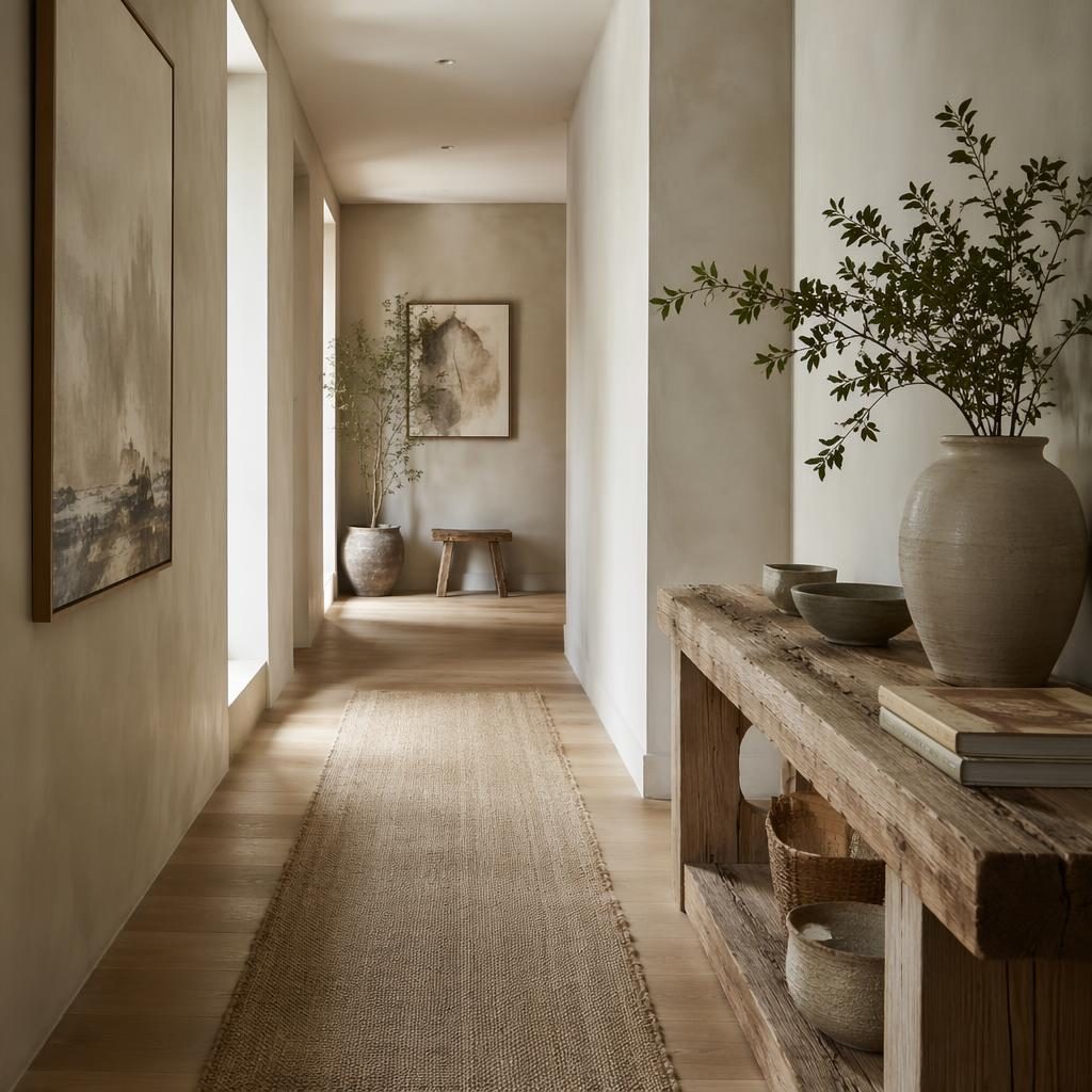 Render interior realista de pasillo minimalista con paleta salvia y crema, luz suave, materiales naturales y grifería negra.