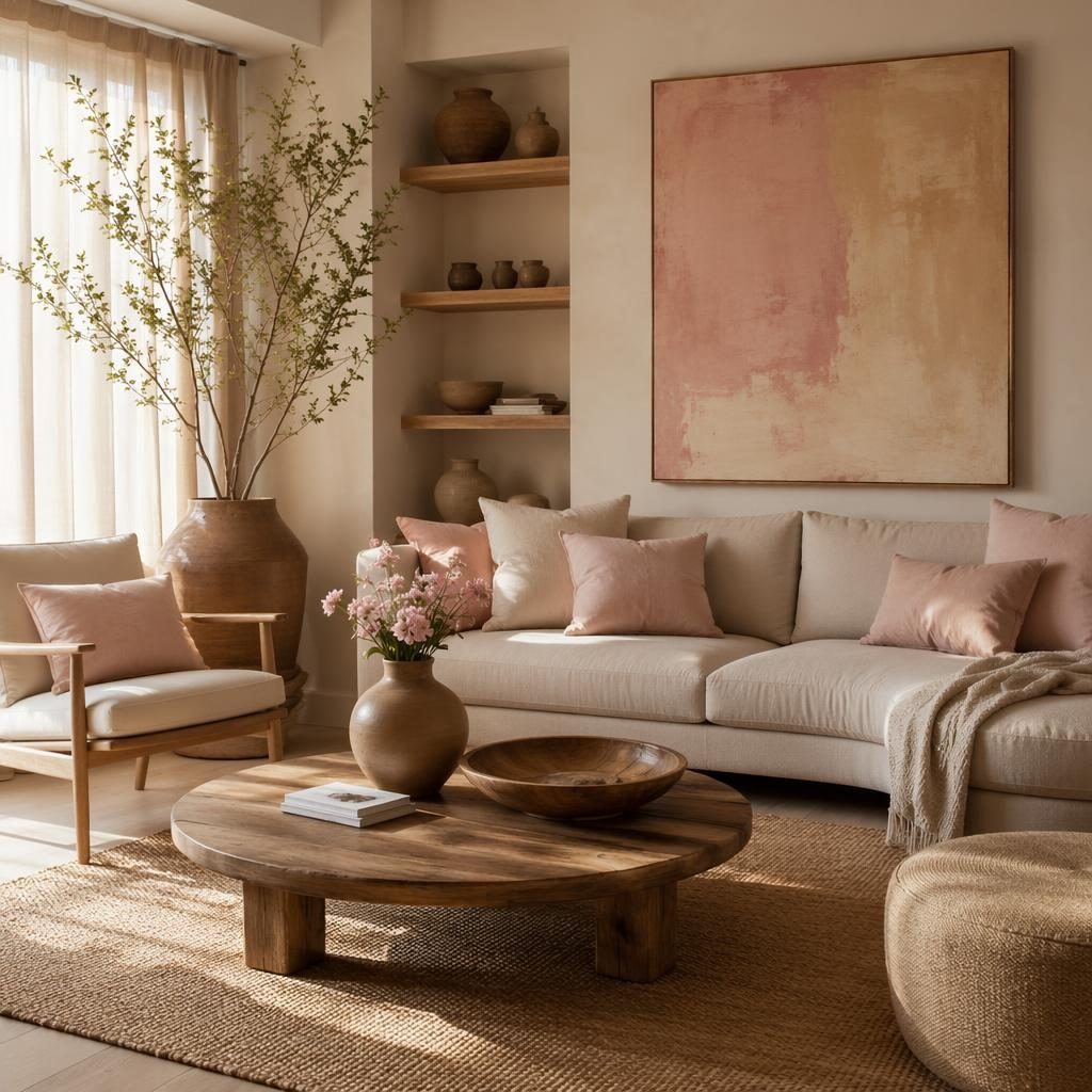 Salón cálido estilo wabi-sabi con tonos beige y rosa pastel, luz natural, plantas, textiles, arte y muebles de madera.