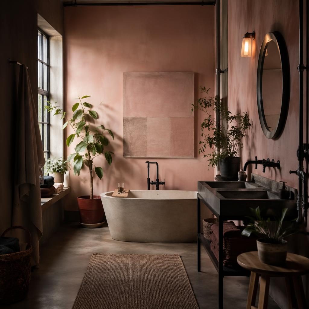 Wabi-Sabi Badezimmer in Pastellrosa und Beige mit Pflanzen, Textilien, Kunst und sichtbaren Industrie-Rohren