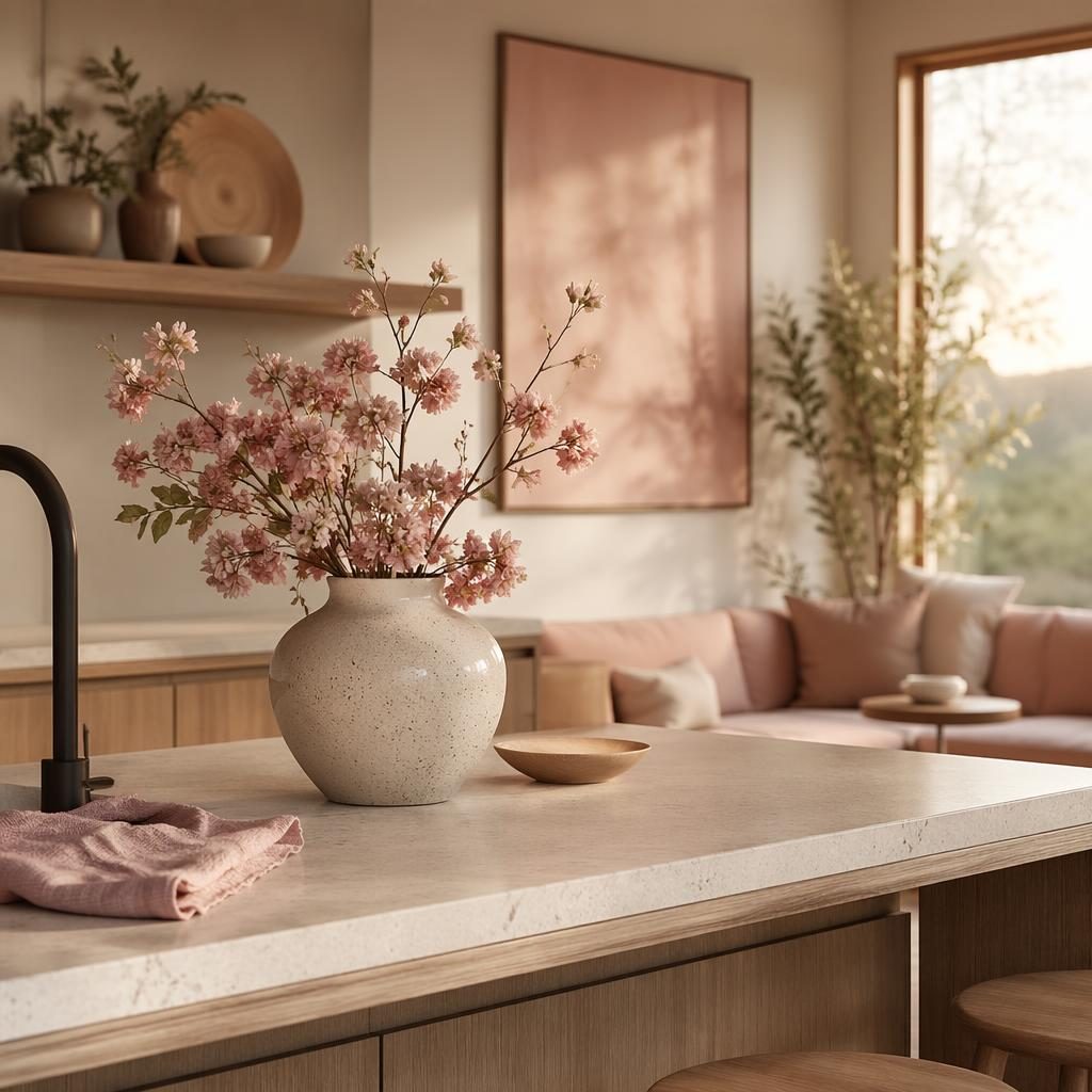 Minimalist japandi kitchen island in pastel pink and beige with a flower vase, plants, textiles, and golden hour light.