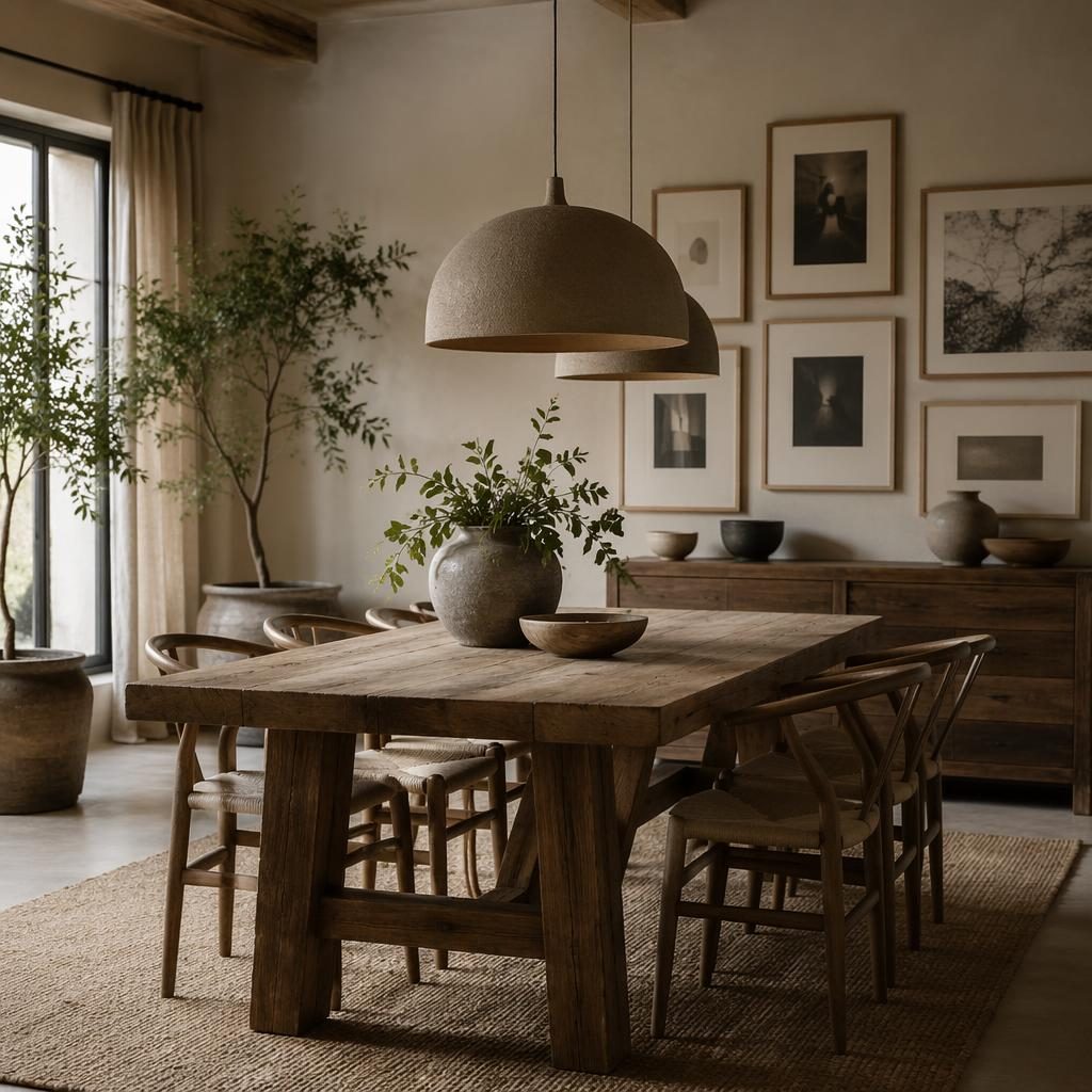 Landhaus-Esszimmer mit Erdtönen, weichem Tageslicht, Naturmaterialien, Pflanzen und minimalistischer Galeriewand