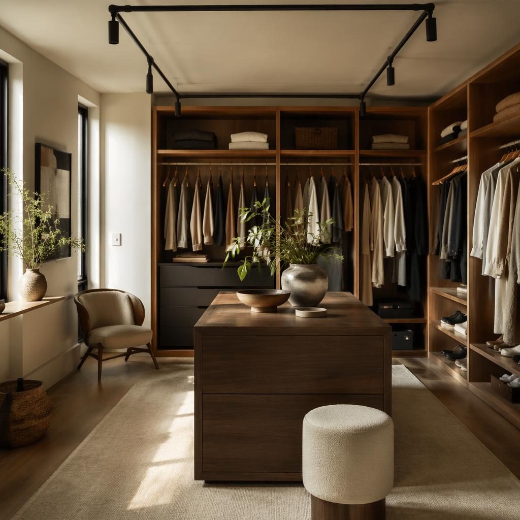 Mid-Century Ankleidezimmer in warmen Naturtönen mit Tageslicht, Holz, Pflanzen, Textilien und sichtbaren Industrie-Rohren