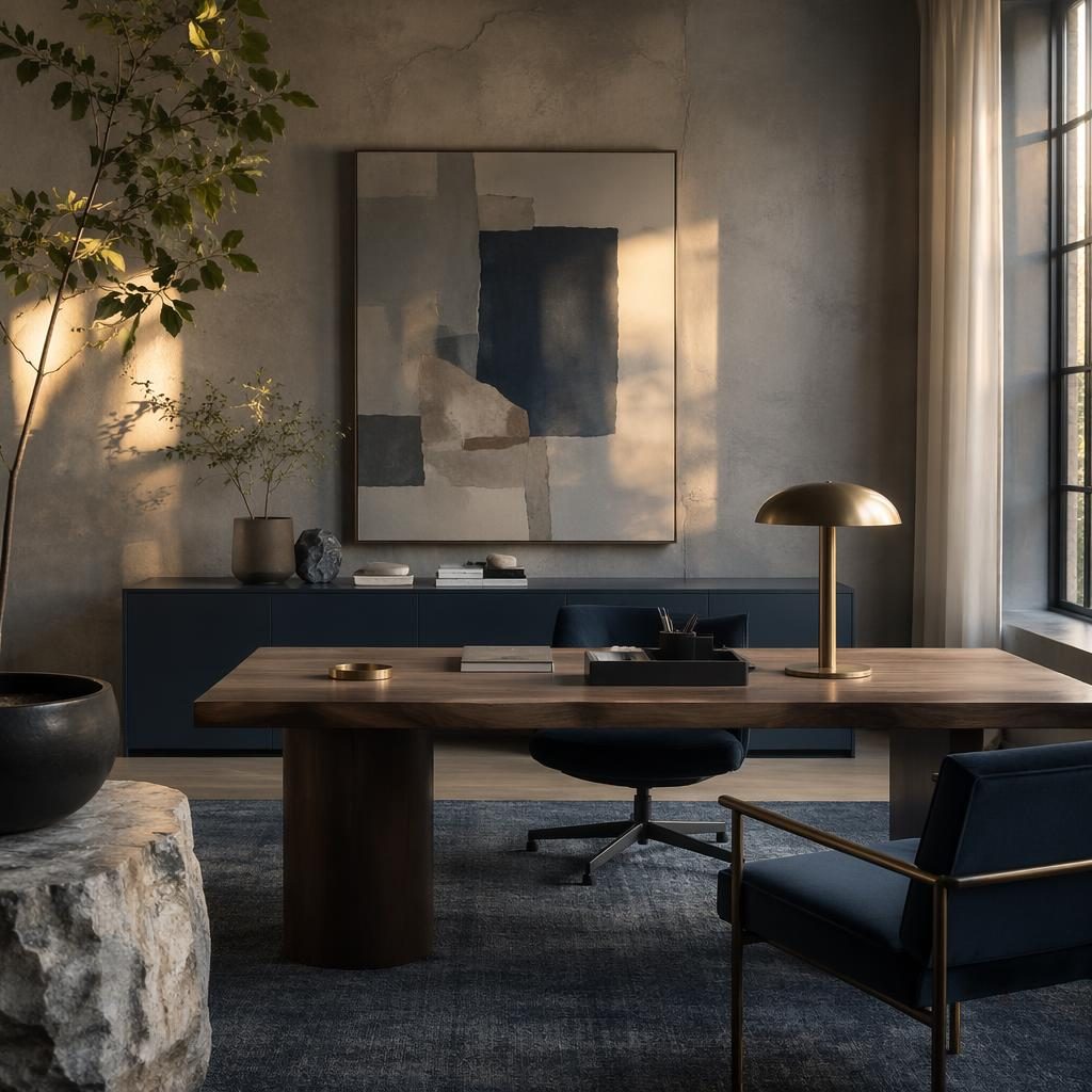 Wabi-Sabi-Homeoffice in kühlen Grautönen mit blauem und messingfarbenem Essbereich, Pflanzen und Abendlicht