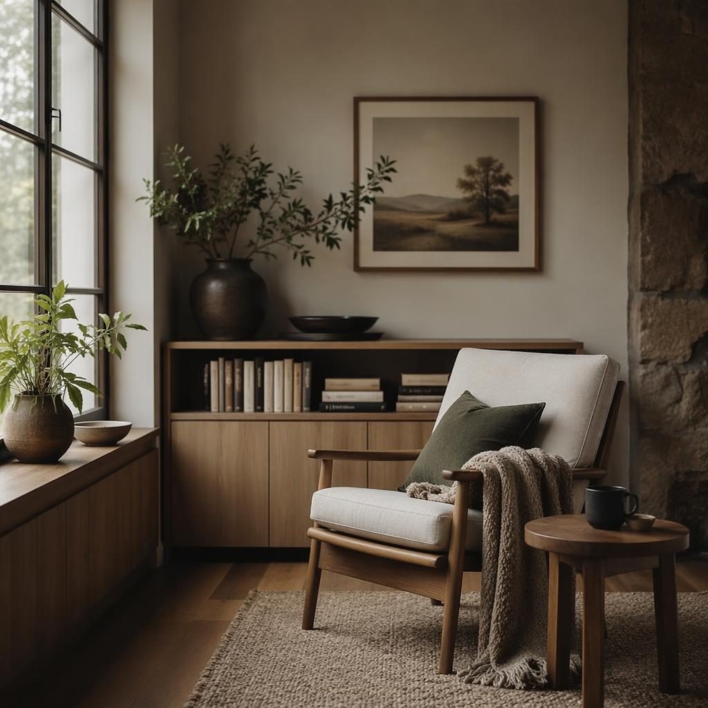 Rincón de lectura escandinavo estilo farmhouse en tonos tierra, sillón, textiles, plantas y luz ambiental, sin personas.