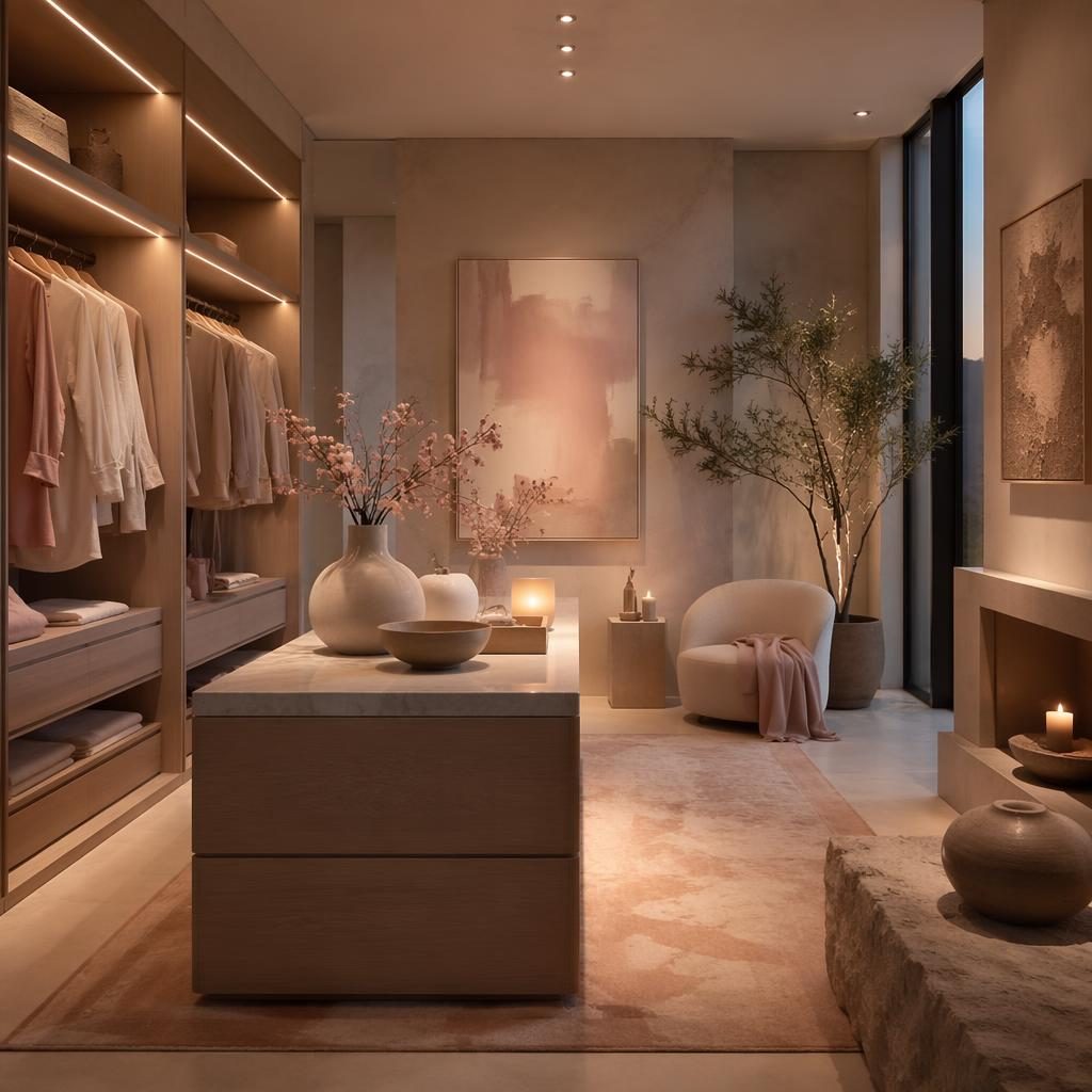 Pastel pink and beige walk-in closet interior with natural materials, textiles, plants, art, and warm evening light