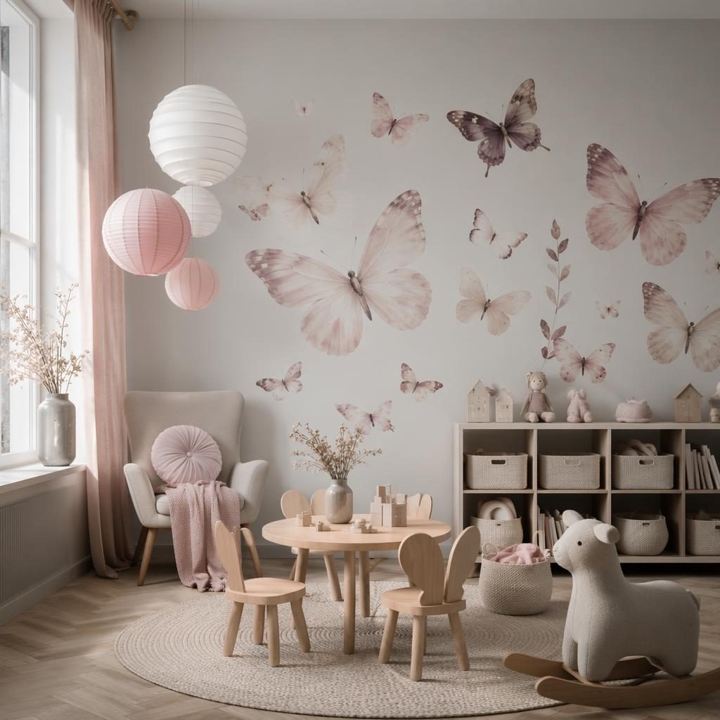 Pastel kids playroom interior with butterfly decor, soft daylight, natural materials, textiles, plants, and styled furniture