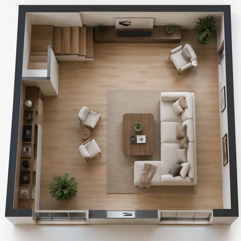 Top-down floor floor plan of a modern minimalist living room with warm neutral tones, furniture layout, plants and art.