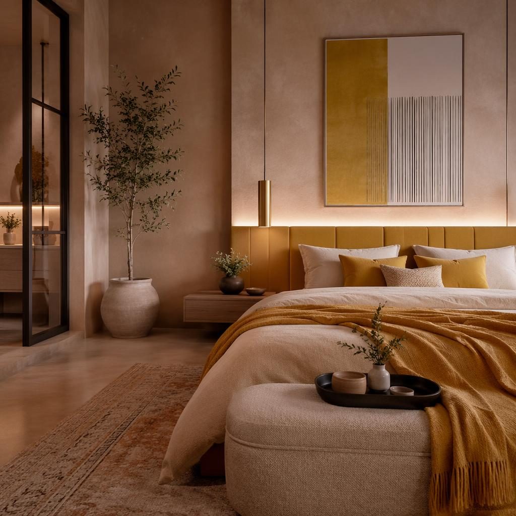 Luxury contemporary master suite with pastel pink and beige tones, mustard yellow decor accents, plants, textiles, and art
