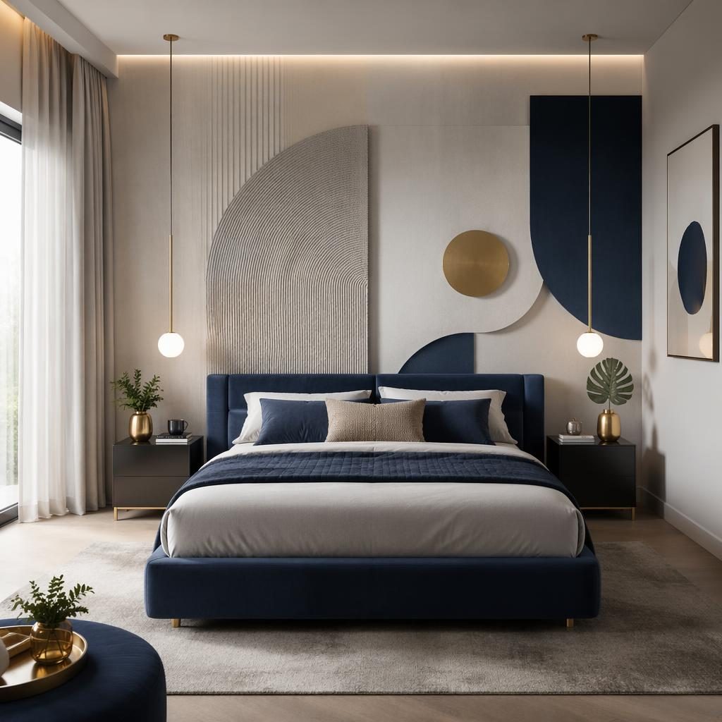 Minimalist bedroom interior render with blue and brass accents, soft daylight, plants, textiles, art, and black bathroom fixtures
