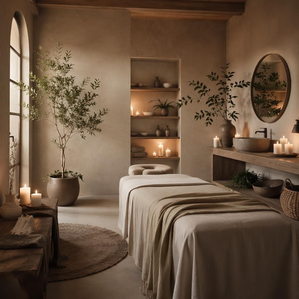 Salón tipo spa de estilo wabi-sabi con paleta salvia y crema, muebles escandinavos, plantas, textiles y luz cálida