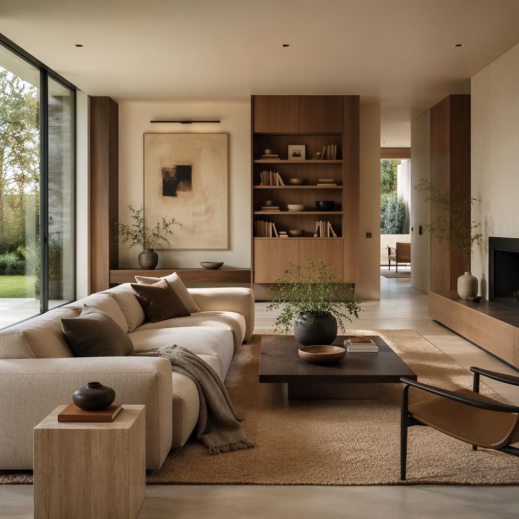 Soggiorno minimal moderno con palette neutra calda, luce naturale, tessili stratificati, arte curata e piante da interno.