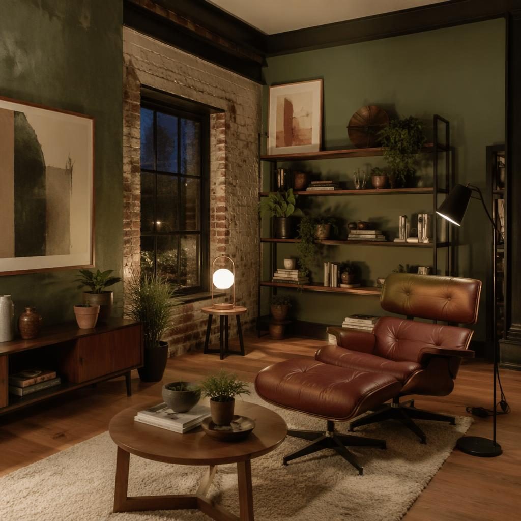 Salón de lectura mid century con paleta salvia y crema, materiales naturales, plantas, arte y luz cálida al atardecer.