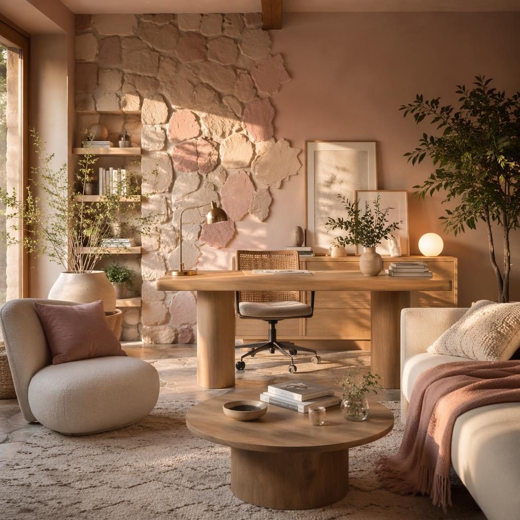 Salon scandinave pastel rose et beige, lumière dorée, matières naturelles, plantes, textiles, art mural en pierre.