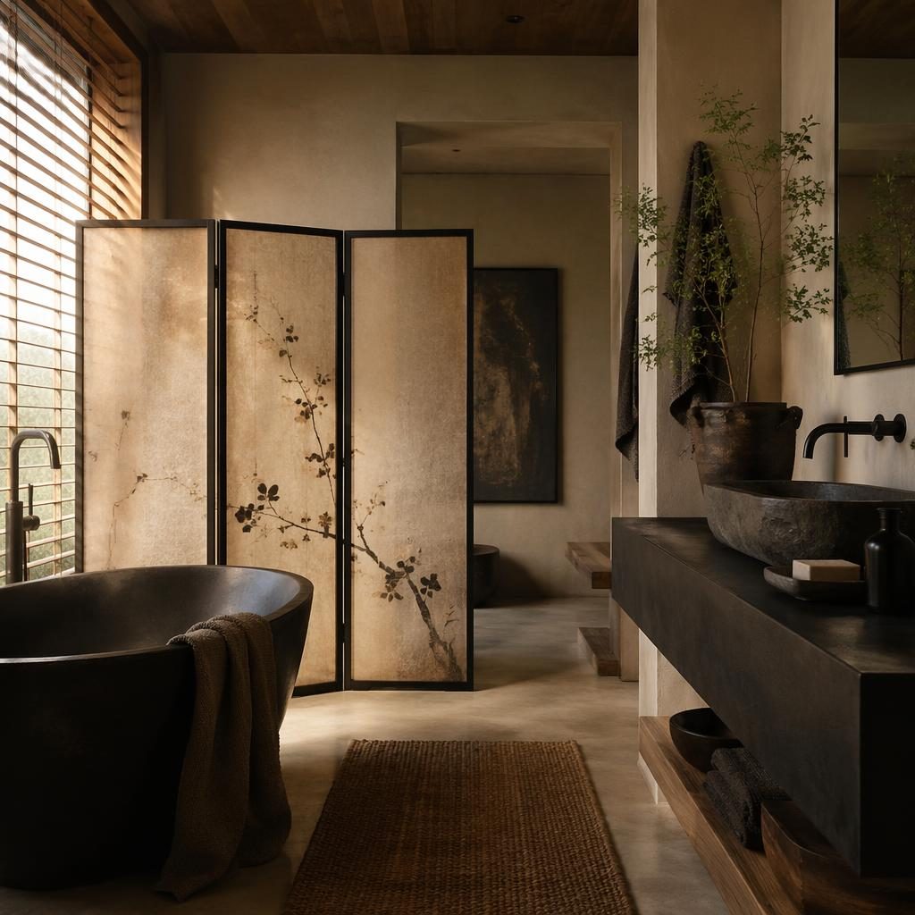 Salle de bain minimaliste noir et blanc avec paravent décoratif intérieur, matières naturelles, plantes et lumière dorée.