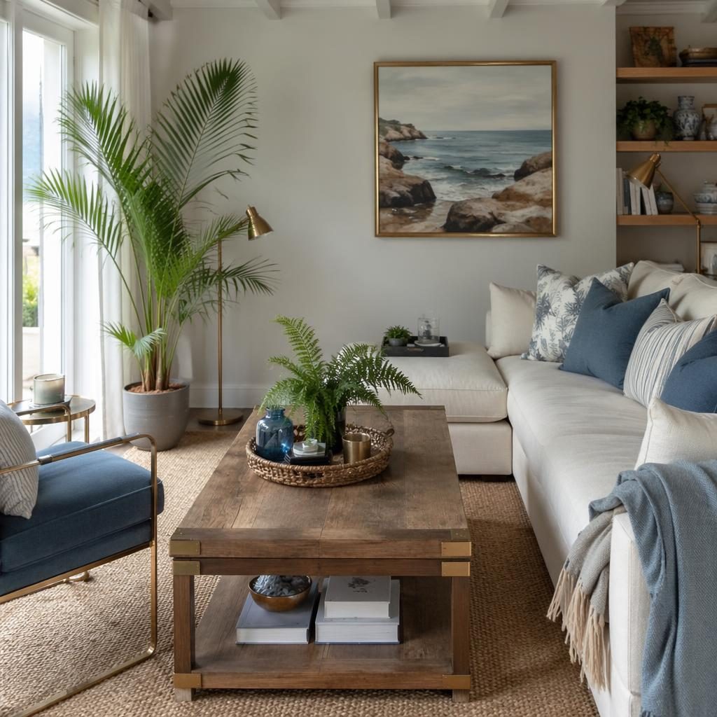 Coastal farmhouse bedroom with reclaimed wood, blue and brass accents, soft daylight, plants, textiles, and art