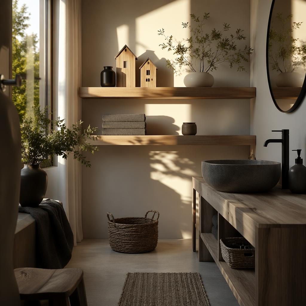 Baño escandinavo en blanco y negro con luz dorada, madera natural, plantas, textiles y casitas de madera decorativas.